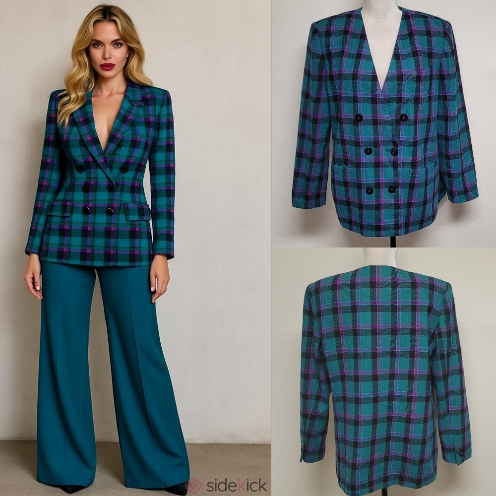 Karen Scott Vintage 80s Teal Purple Plaid V-neck Double Breasted Blazer Jacket